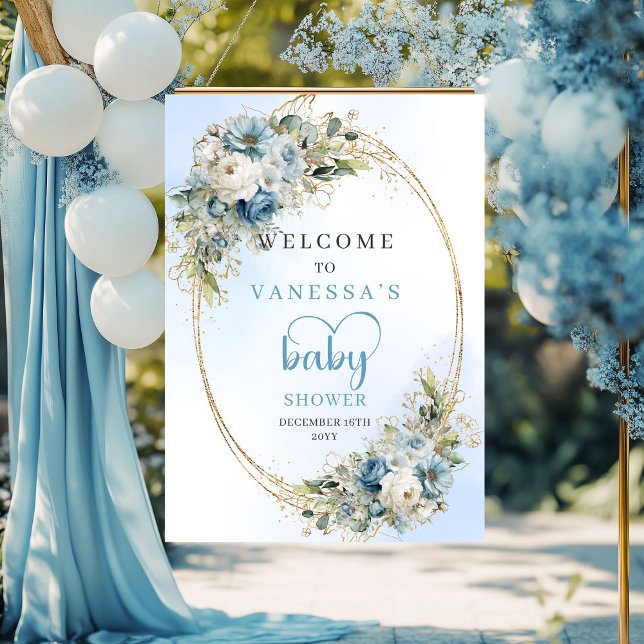 Elegant Dusty Blue Baby Shower Poster Gold Script  (Elegant Dusty Blue Baby Shower Poster Gold Script Design)