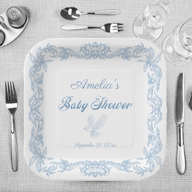 Elegant Dusty Blue Baroque Filigree Baby Shower Paper Plate (Creator Uploaded)