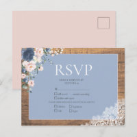 Elegant Dusty Blue Blush Floral Lace Wedding RSVP