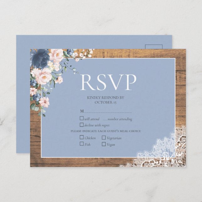 Elegant Dusty Blue Blush Floral Lace Wedding RSVP Invitation Postcard (Front/Back)