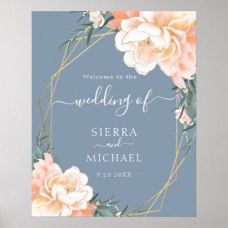 Elegant Dusty Blue Blush Gold Peach Floral Wedding Poster