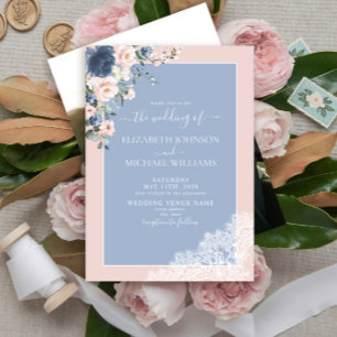 Elegant Dusty Blue Blush Lace Script Photo Wedding Invitation
