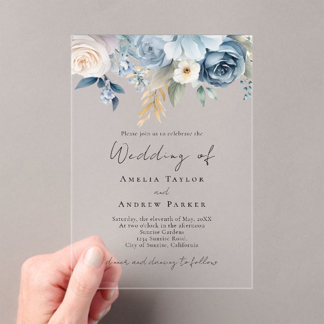 Elegant Dusty Blue Blush Pink Floral Wedding Acrylic Invitations (Insitu (Handheld))