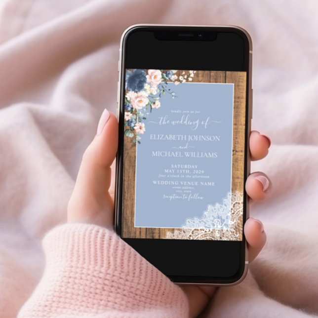 Elegant Dusty Blue Blush Rustic Lace Photo Wedding Invitation (Creator Uploaded)