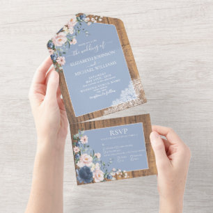 Elegant Dusty Blue Blush Rustic Lace Wedding All In One Invitation