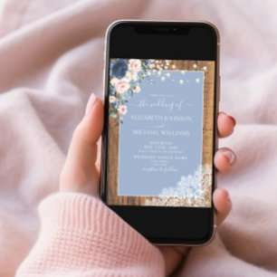 Elegant Dusty Blue Blush Rustic Wood Lace Script I Invitation