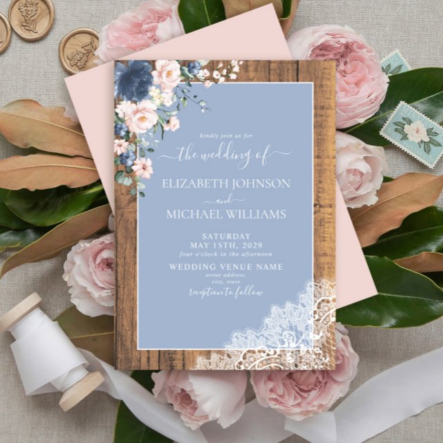 Elegant Dusty Blue Blush Rustic Wood Lace Wedding Invitation (Creator Uploaded)