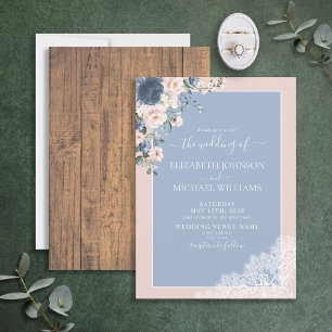 Elegant Dusty Blue Blush Rustic Wood Lace Wedding Invitation