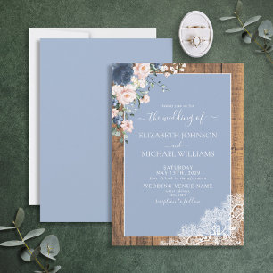 Elegant Dusty Blue Blush Rustic Wood Lace Wedding  Invitation