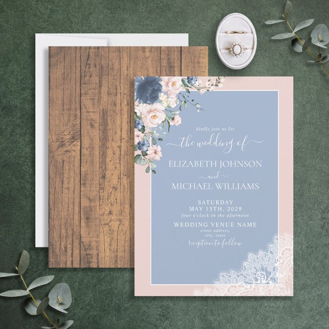 Elegant Dusty Blue Blush Rustic Wood Lace Wedding Invitation (Creator Uploaded)