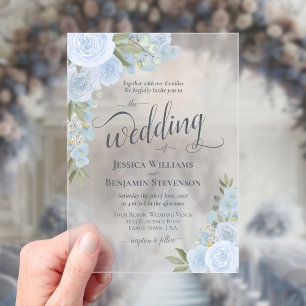 Elegant Dusty Blue Boho Chic Roses Fancy Wedding Acrylic Invitations