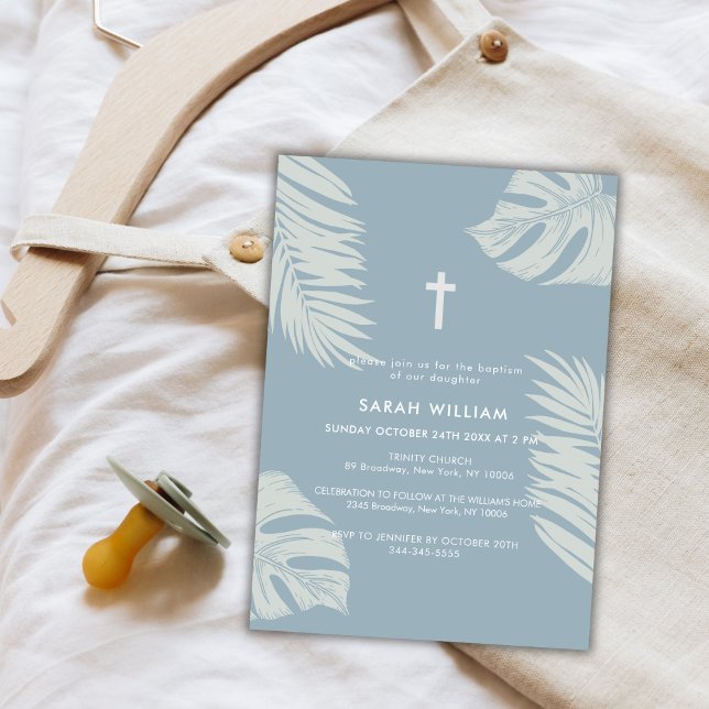 Elegant Dusty Blue Boho Leaves Cross Baptism  Invitation (Elegant Dusty Blue Boho Leave Gold Cross Baptism Invitation)