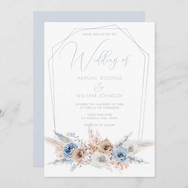 Elegant Dusty Blue Boho or Beach Wedding Invitation (Front/Back)
