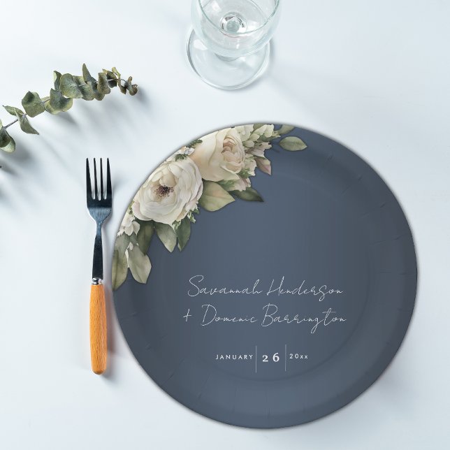 Elegant Dusty Blue Boho Roses Wedding  Paper Plate (Creator Uploaded)