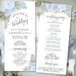 Elegant Dusty Blue Boho Watercolor Floral Wedding Programme<br><div class="desc">This beautiful wedding program features an elegant floral boho chic design with hand painted roses and blossoms in shades of pale dusty blue, surrounded by delicate sage green sprigs of eucalyptus leaves and garden greenery. The titles are written in fancy script calligraphy, and there is space for your ceremony and...</div>