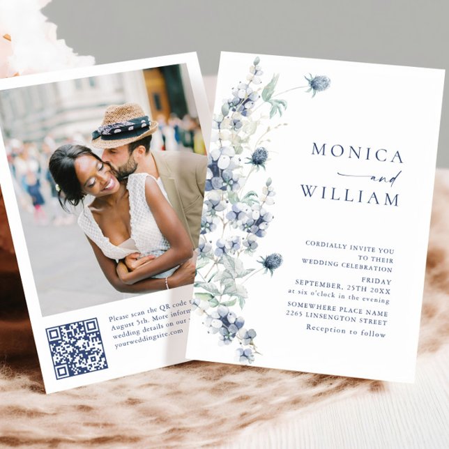 Elegant Dusty Blue Boho Winter Foliage Wedding Invitation (Creator Uploaded)