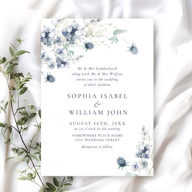 Elegant Dusty Blue Boho Winter Foliage Wedding Invitation (Creator Uploaded)
