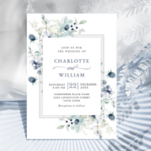 Elegant Dusty Blue Boho Winter Foliage Wedding Invitation