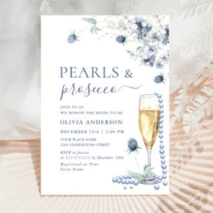 Elegant Dusty Blue Boho Winter PEARLS & Prosecco Invitation