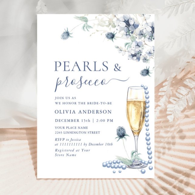 Elegant Dusty Blue Boho Winter PEARLS & Prosecco Invitation (Creator Uploaded)