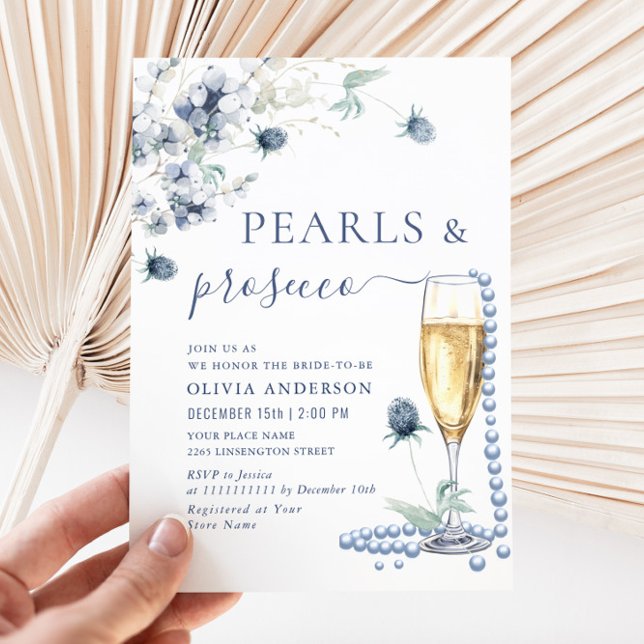 Elegant Dusty Blue Boho Winter PEARLS & Prosecco Invitation (Creator Uploaded)