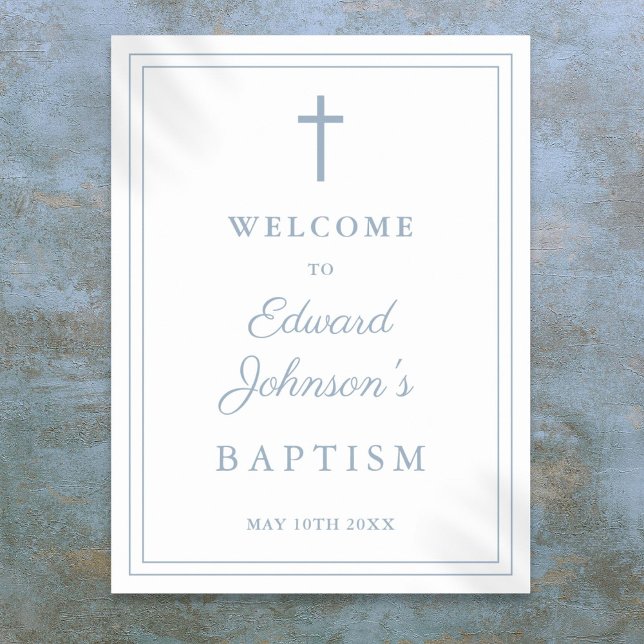 Elegant Dusty Blue Border Baptism Welcome Sign (Elegant Dusty Blue Border Baptism Welcome Sign)