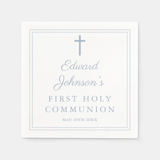 Elegant Dusty Blue Border First Holy Communion Napkin (Front)