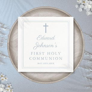 Elegant Dusty Blue Border First Holy Communion Napkin