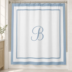 Elegant Dusty Blue Border Script Monogram Shower Curtain