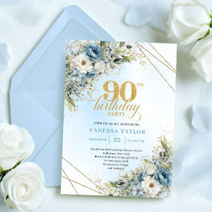 Elegant Dusty Blue Botanical 90th Birthday Invite
