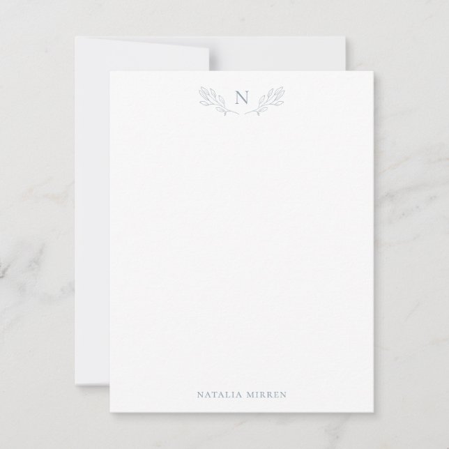 Elegant Dusty Blue Botanical Branch Monogram Card (Front)