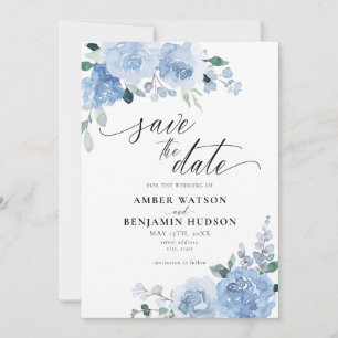 Elegant Dusty Blue Botanical Floral Save The Date Invitation