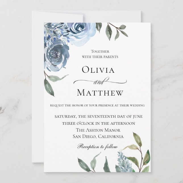Elegant Dusty Blue Botanical Wedding Invitation (Front)