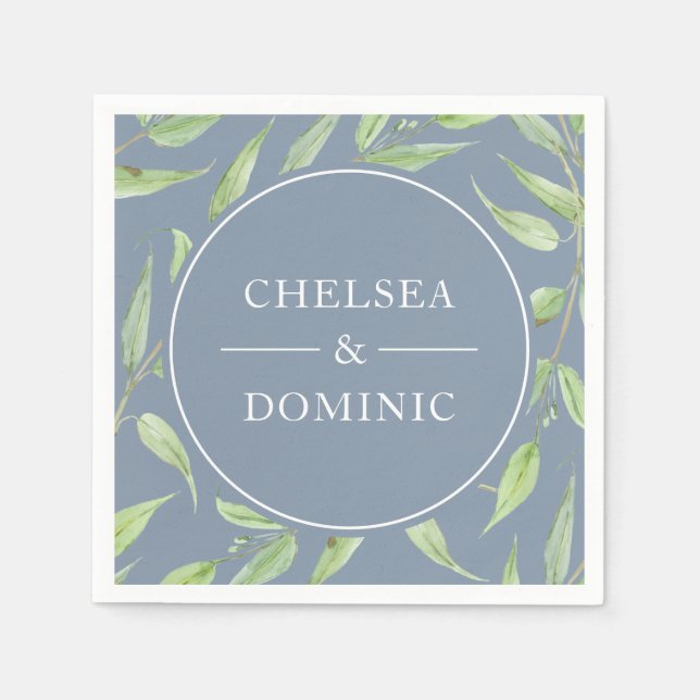 Elegant Dusty Blue Botanical Wedding Napkin (Front)