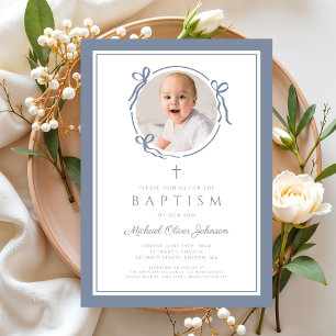Elegant Dusty Blue Bow Boy Photo Baptism Invitation