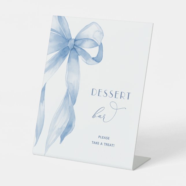Elegant Dusty Blue Bow Bridal Shower Dessert Bar Pedestal Sign (Front)