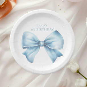 Elegant Dusty Blue Bow First Boy Birthday  Paper Plate