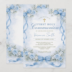 Elegant Dusty Blue Bow Floral First Holy Communion Invitation