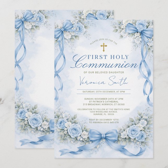 Elegant Dusty Blue Bow Floral First Holy Communion Invitation (Front/Back)