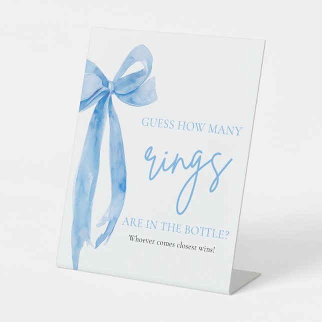 Elegant Dusty Blue Bow Guess How Many Rings Game Pedestal Sign (Front)