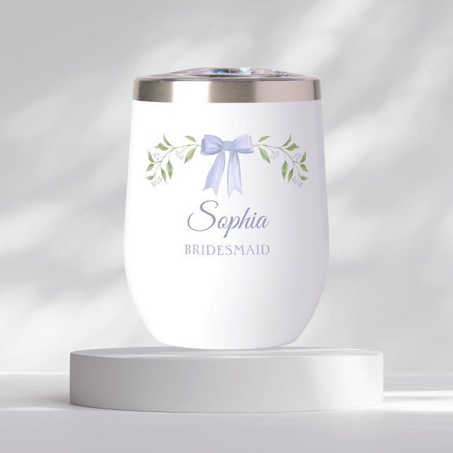 Elegant Dusty Blue Bow Name Bridesmaid Proposal (Personalized bridesmaid stemless wine glass tumbler with elegant watercolor floral bow design.)