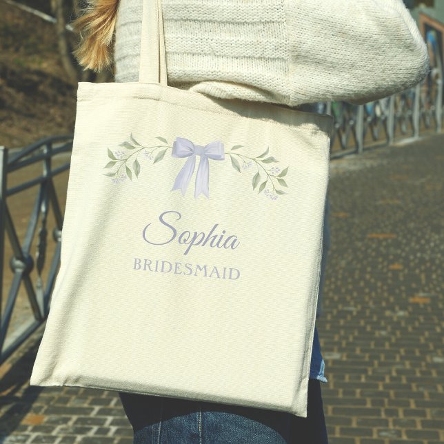 Elegant Dusty Blue Bow Name Bridesmaid Proposal Tote Bag (Personalized bridesmaid tote with elegant floral design and bow. Perfect for a bridesmaid proposal!)