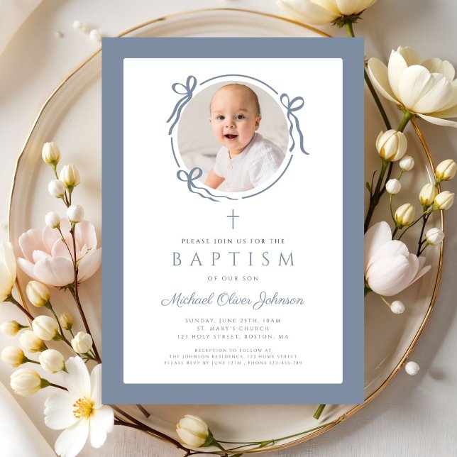 Elegant Dusty Blue Bow Photo Baptism Invitation (Elegant Dusty Blue Bow Photo Baptism Invitation)