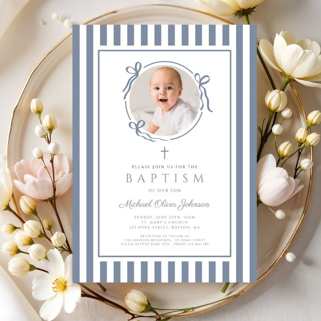 Elegant Dusty Blue Bow Photo Boy Baptism Invitation (Elegant Dusty Blue Bow Photo Boy Baptism Invitation)