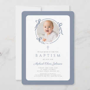 Elegant Dusty Blue Bow Photo Boy Baptism Invitation