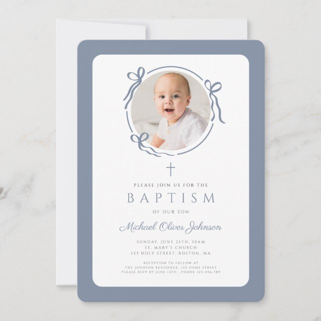 Elegant Dusty Blue Bow Photo Boy Baptism Invitation (Front)