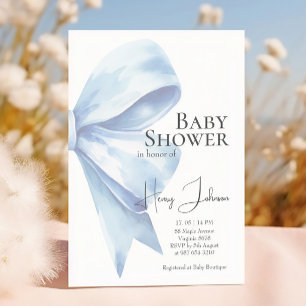 Elegant Dusty Blue Bow Watercolor Baby Shower Boy  Invitation