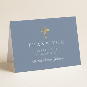 Elegant Dusty Blue Boy First Communion  Thank You Card