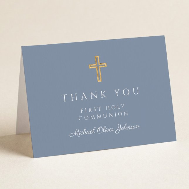 Elegant Dusty Blue Boy First Communion  Thank You Card (Creator Uploaded)