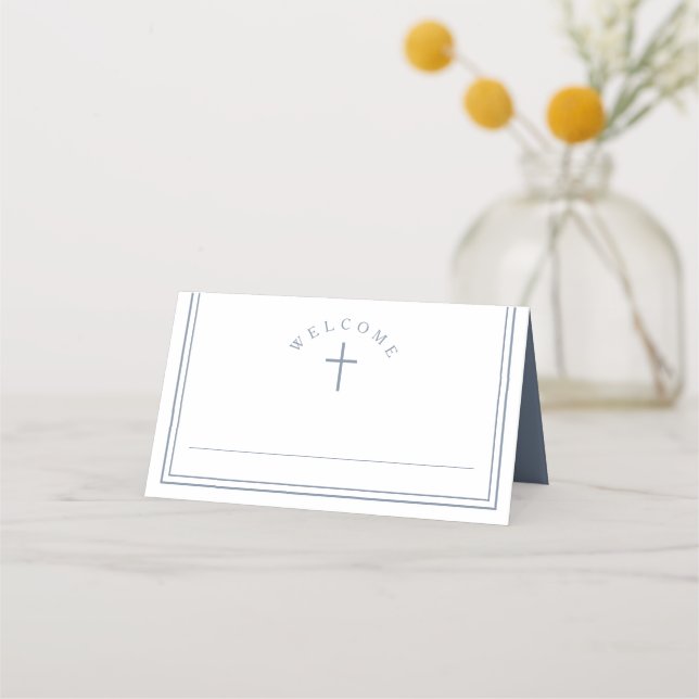 Elegant Dusty Blue Boy First Holy Communion Place Card (Front)